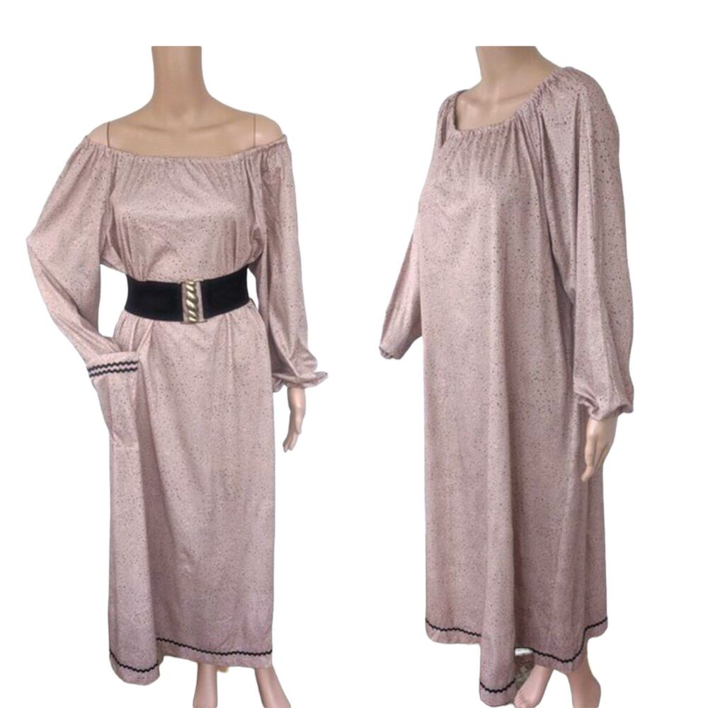 70s Vintage Hippie Dress Polka Dot Maxi House Off Shoulder Long Print XL